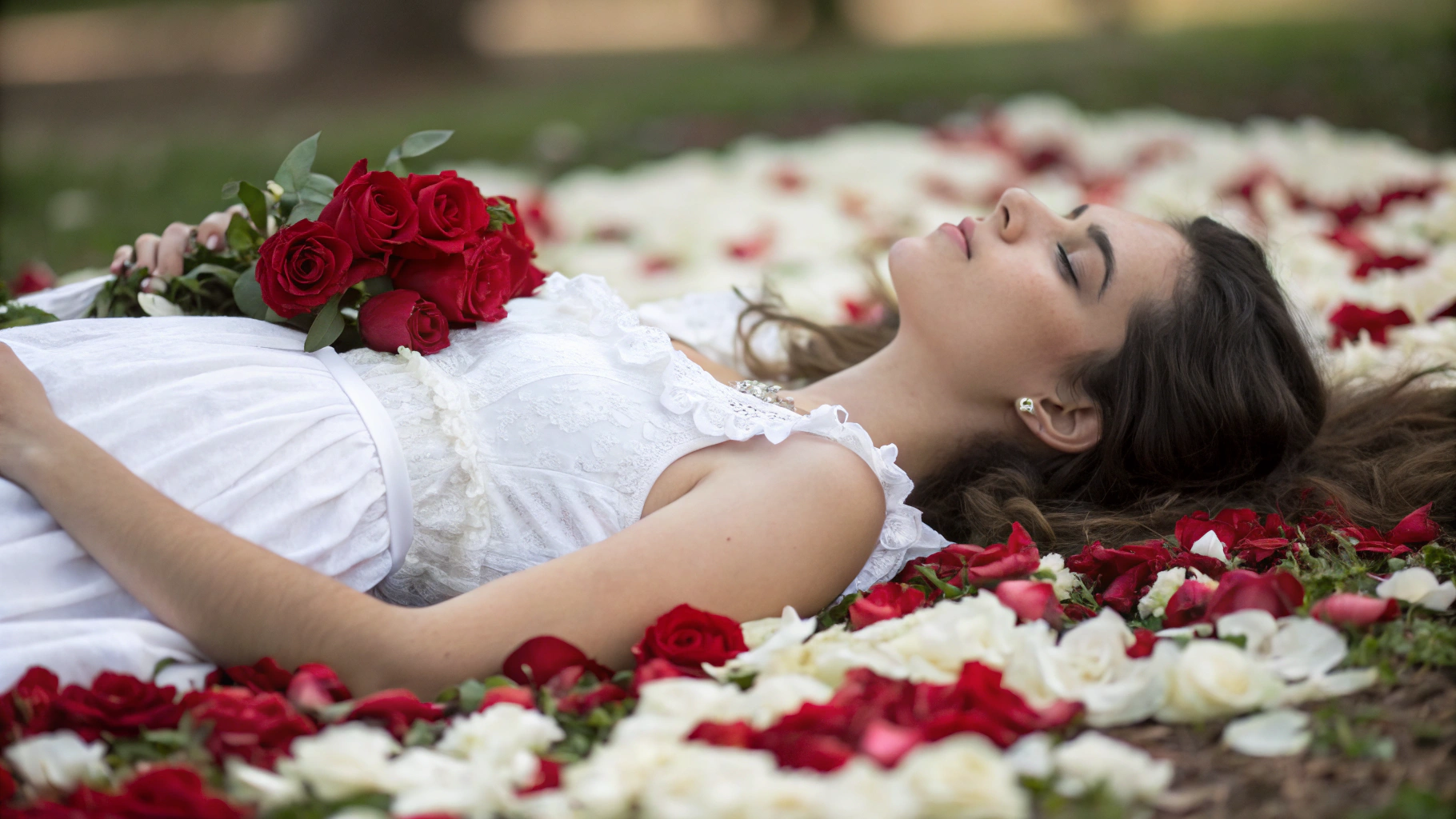 AI generated image by Red Panda AI: mujer joven acostada sobre rosas rojas y blancas, vesitida con babydoll blanco