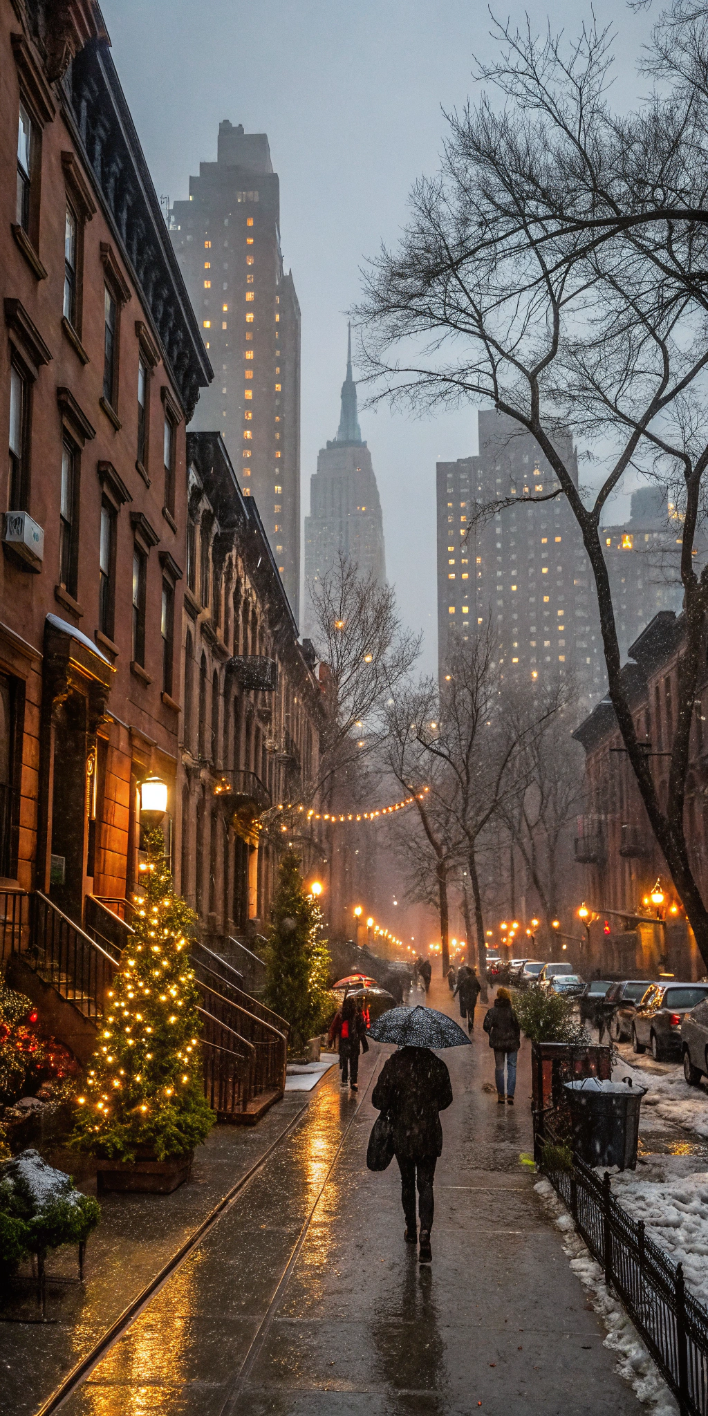 AI generated image by Red Panda AI: a view of a december evening in a rainy new york street, with brown stones, winter, christmas decorations, high buildings in the background, people on the street