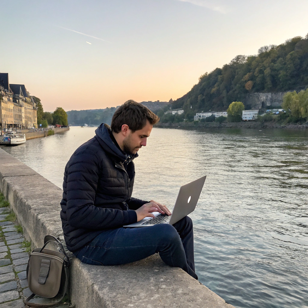 AI generated image by Red Panda AI: une photo de matthieu lombardia développeur web avec son mac qui écrit du code sur vs code en bord meuse
 dans le centre namur en belgique
