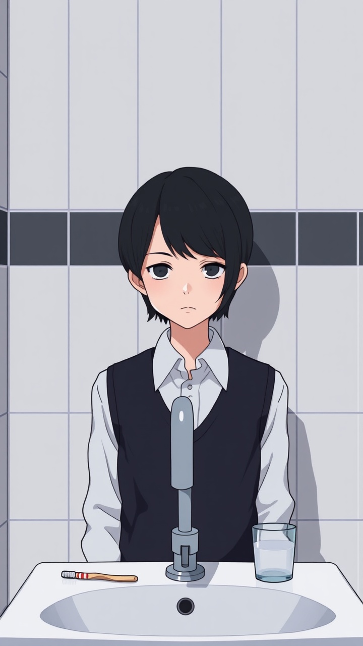 AI generated image by FLUX.1-schnell: Omocat's omori game artstyle, The image depicts a young person standing behind a bathroom sink facing the camera, their expression somber. Faucet faces the young person. Their dark hair is neatly styled, and they are dressed in a white shirt with a dark vest. The tiled walls behind them are plain and featureless, creating a sense of isolation. The only other elements in the scene are a toothbrush and a glass on the counter, suggesting a routine that the individual may find difficult to engage in. The overall mood of the image is melancholic, hinting at a sense of loneliness or sadness. The subdued colors and minimalist composition further contribute to the somber atmosphere.  The image leaves room for interpretation, inviting viewers to consider the inner thoughts and feelings of the subject.