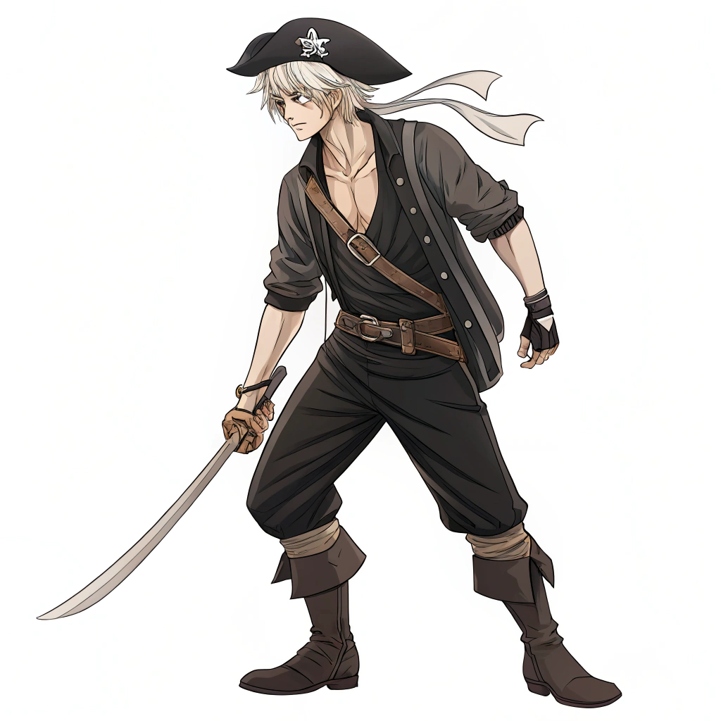 AI generated image by Red Panda AI: A tall male character, standing at 1.90 meters (6'3"), with pale white skin. He has short, messy hair that is a mix of black and white. His profession is that of a pirate and swordsman, but he also carries an Eternal Pose (a navigation tool from One Piece). He wears black pirate-themed clothing (left to the AI's choice), ensuring a clear pirate aesthetic. His expression is calm yet determined. The background should be plain white. The art style must be clearly animated. The image must be full-body