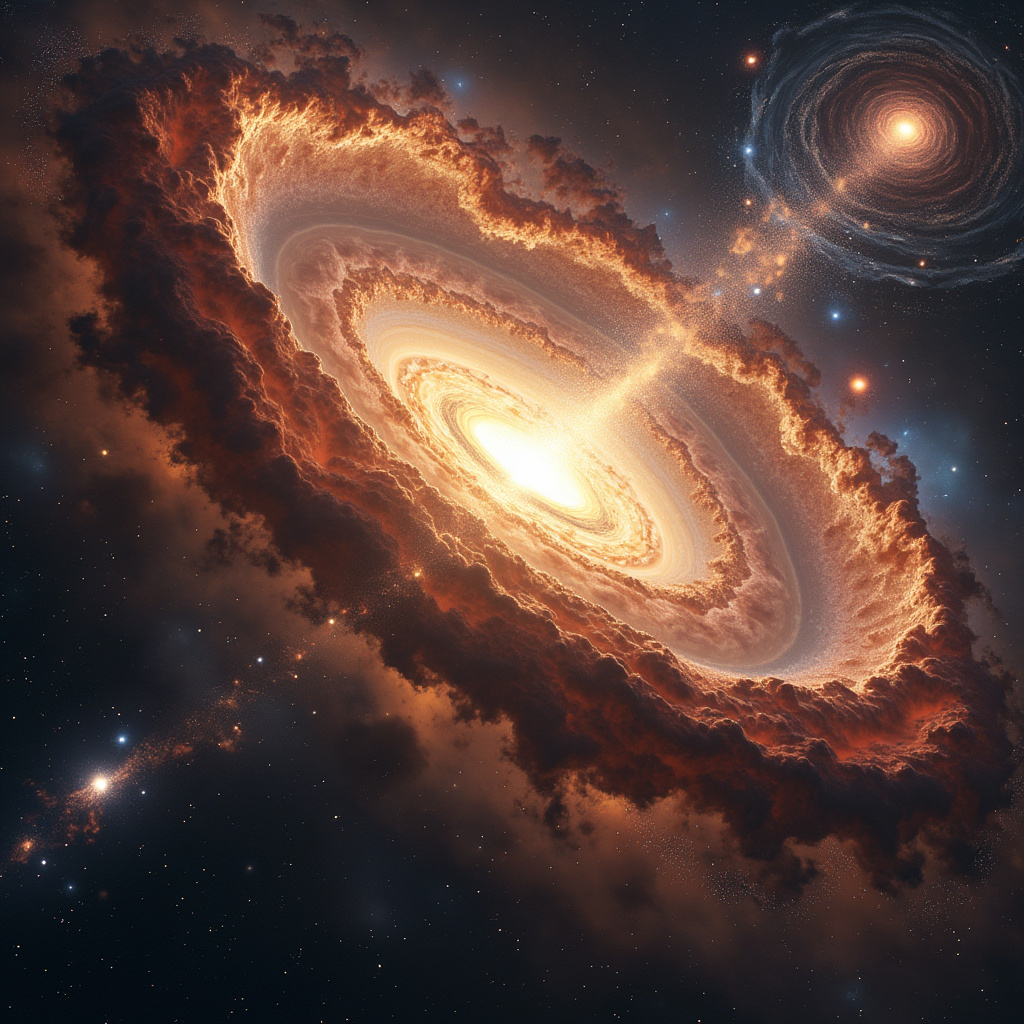 AI generated image by FLUX.1-pro: two massive galaxies colliding with bright, fragmented stars, swirling dust clouds, intense light radiating from the collision point, spiraling arms and dark shadows contrasting in the cosmic void, rendered in hyper-realistic detail, cosmic energy bursting outward