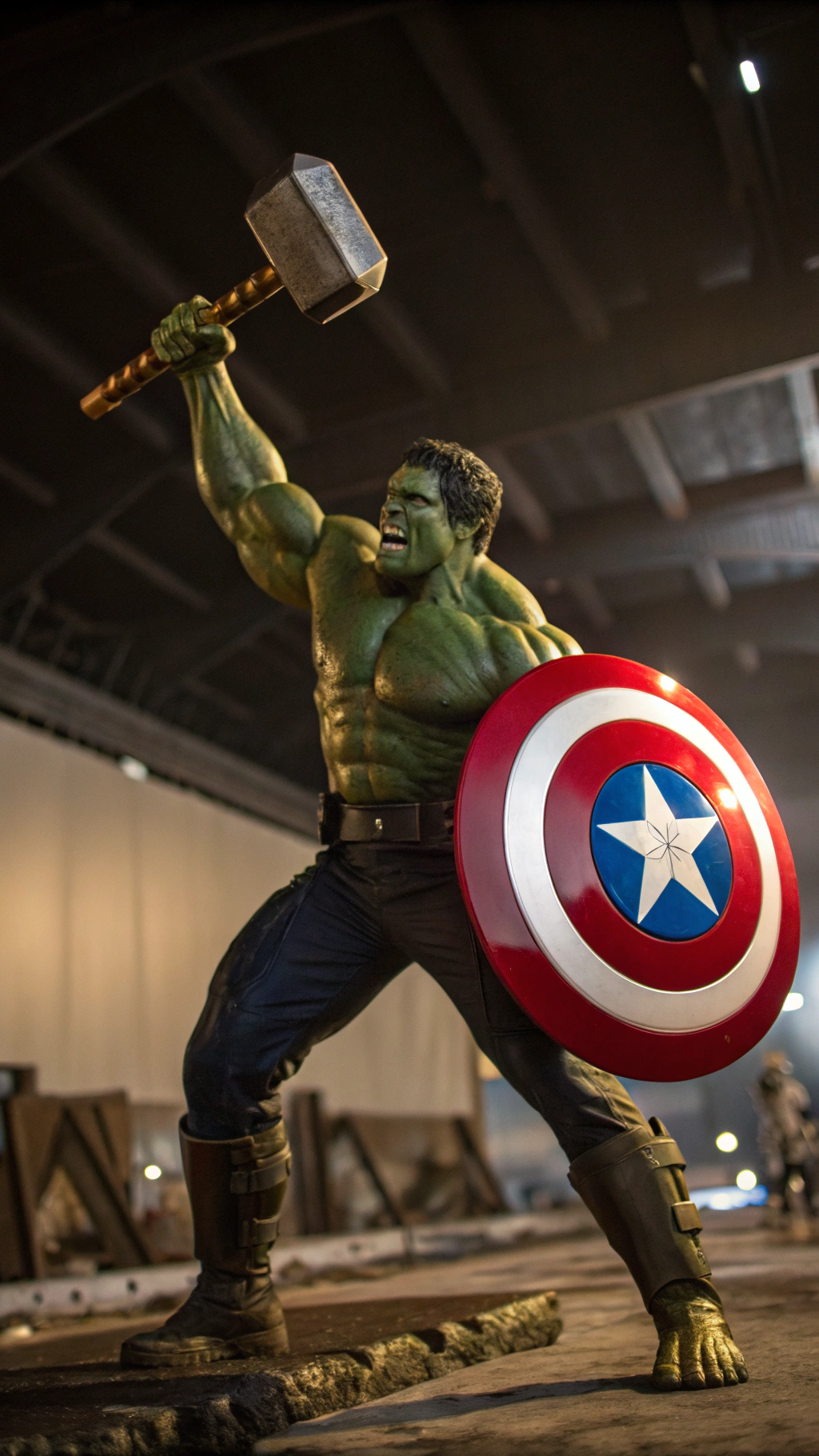 AI generated image by Red Panda AI: haz a hulk con el escudo del capitan america y con el martillo de thor
