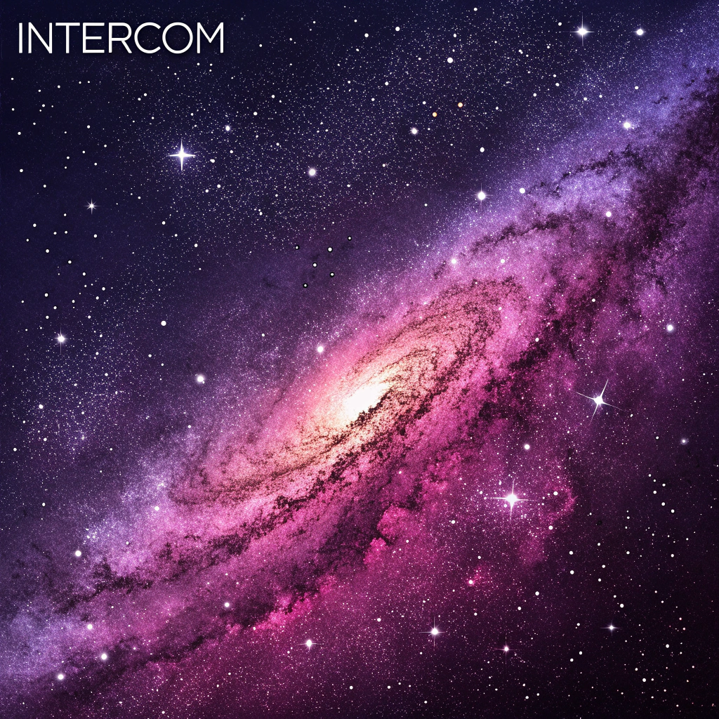 AI generated image by Red Panda AI: crear un diseño galactico de colores violeta y magenta y morado, solo con pequeñas estrellas con fondo color oscuro del espacio, y en la parte de arriba escrito la siguiente palabra "INTERCOM"