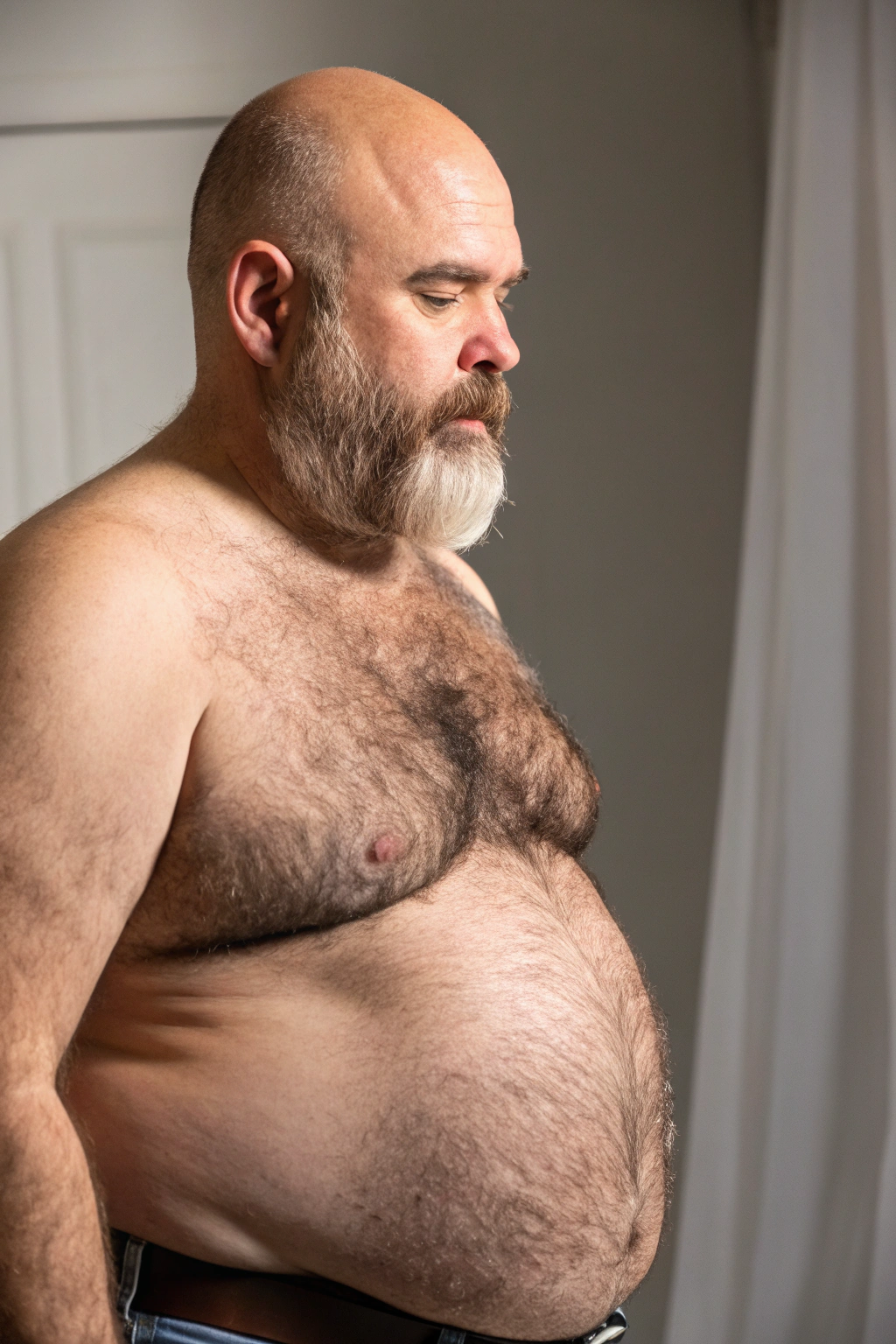 AI generated image by Red Panda AI: a studio shot of a bulky and slightly overweight 50 year old hirsute dad looking at his belly. Man has heavy amount of body hair, hairy chest pattern, expanding his bloated heavy bearded-belly, bald head, brown and white beard