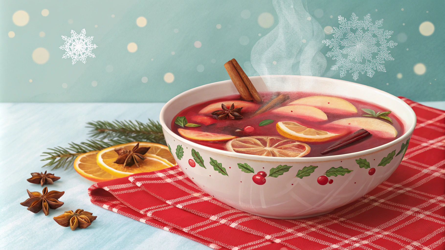 AI generated image by Red Panda AI: Create an illustration of a vibrant, traditional fruit punch in a modern recipe book style. Show a round bowl filled with a rich red liquid, containing floating slices of fruits like guava, apple, orange, and sugar cane sticks. Include small spices like cinnamon sticks and star anise for detail. Add festive elements like a sprig of holly, candy canes, or a hint of steam rising to emphasize warmth. The background should feature a soft pastel gradient with subtle snowflakes or bokeh lights to evoke a Christmas atmosphere. Include a cozy, holiday-inspired setting, such as a table with a red-and-green checkered cloth or pine branches peeking into the frame. The layout should be ready for a recipe spread, with space for text on one side. Keep the composition simple, elegant, and full of festive charm.