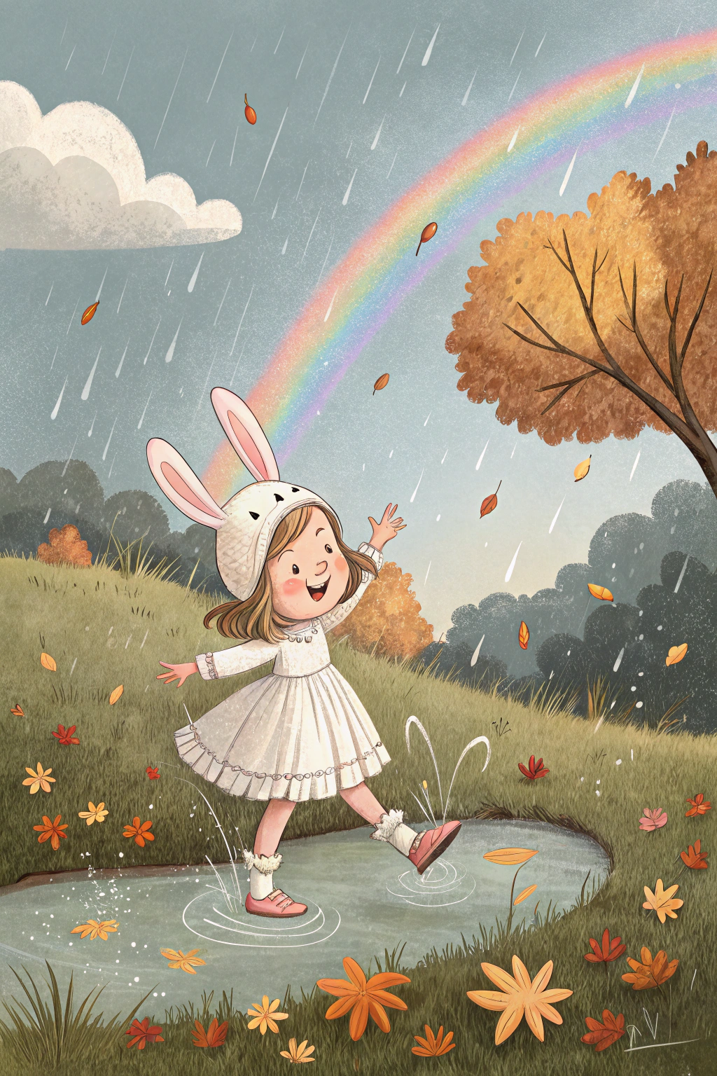 AI generated image by Red Panda AI: In a magical autumn setting of November, the sky is filled with soft grayish-blue rain clouds and a faint rainbow stretching across the horizon. A young girl with an innocent face is dressed in a short, puffed Victorian-style white dress. Her standout feature is a pair of oversized pastel pink bunny ears glinting under the faint sunlight. She is joyfully playing in the gentle rain, leaping through lush green fields sprinkled with water droplets that shimmer like tiny jewels.

The girl is mid-jump, splashing in a small puddle that reflects the falling rain and rainbow colors. Surrounding her are small wildflowers and scattered orange and yellow autumn leaves. Fireflies glow softly in the misty air, resembling tiny stars dancing around her. Raindrops hit her figure and burst into crystal-like sparkles, while a golden ray of sunlight filters through the clouds, enveloping her in a warm, magical glow, as if nature itself is celebrating her carefree joy.