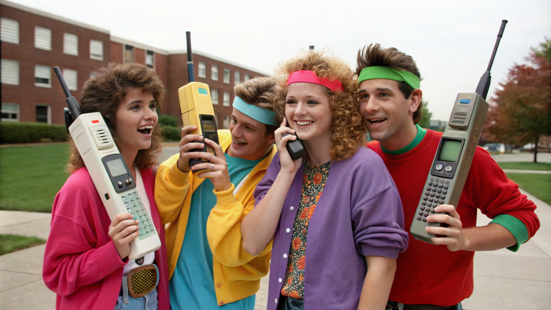 AI generated image by Red Panda AI: A group of college students in 1984, holding old, retro brick phones. Each phone is 10 inches tall, 3 inches wide, and 2 inches deep