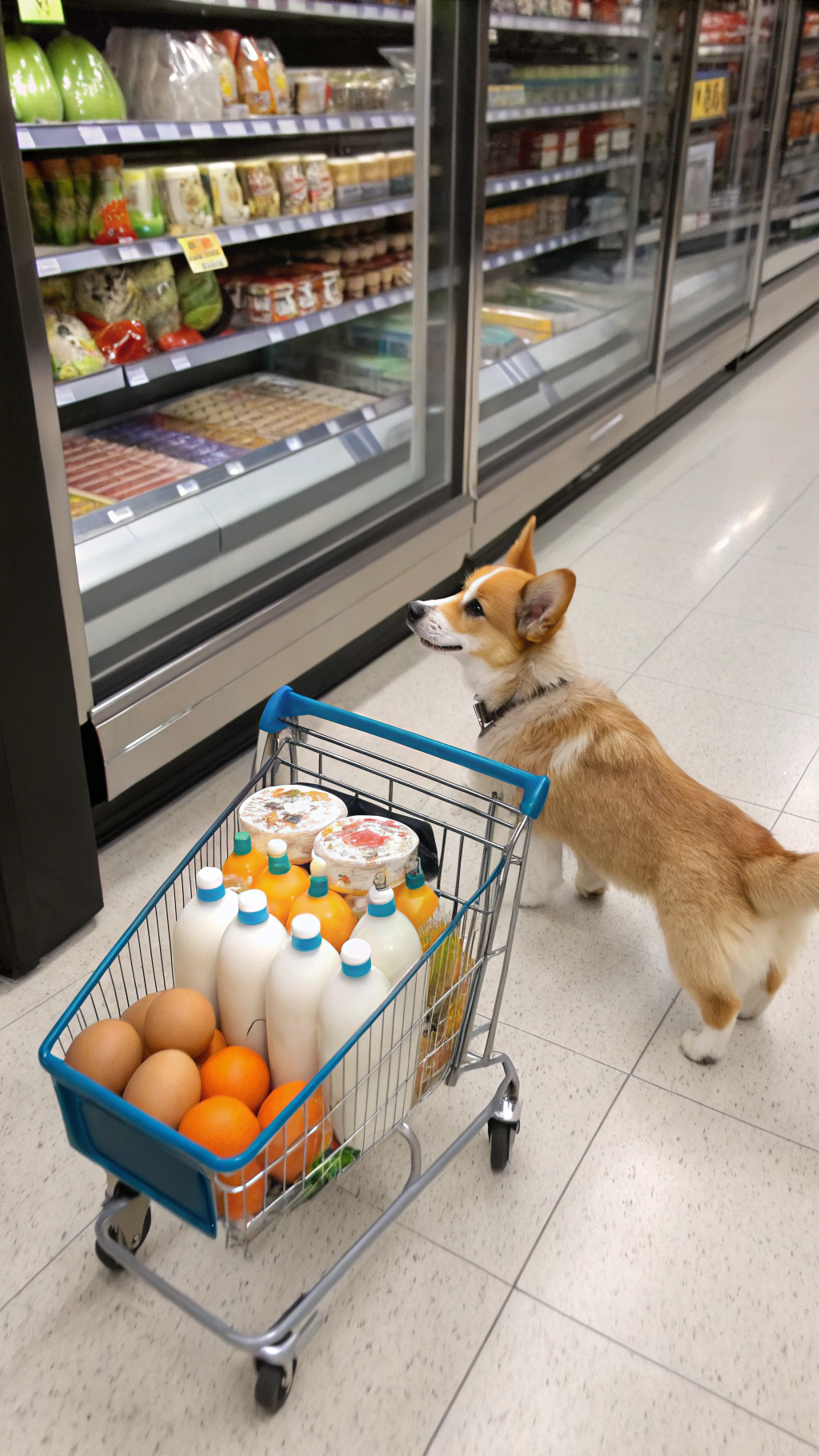 AI generated image by Red Panda AI: anthropomorphic naked corgi going shopping in an American grocery store next to the milk and eggs aisle pushing a miniature shopping cart filled with milk, eggs, oranges, and bread