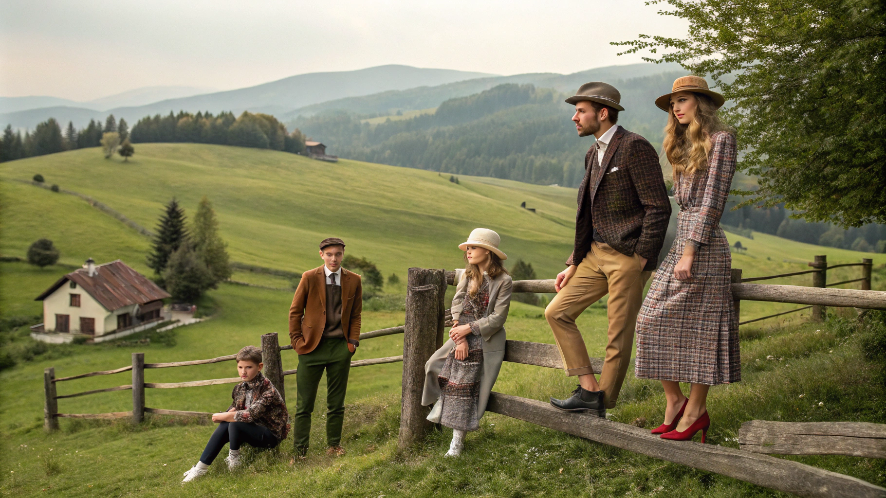 AI generated image by Red Panda AI: peux-tu me générer une photo réaliste qui représente la mode homme, femme et enfants avec un décor campagnard
