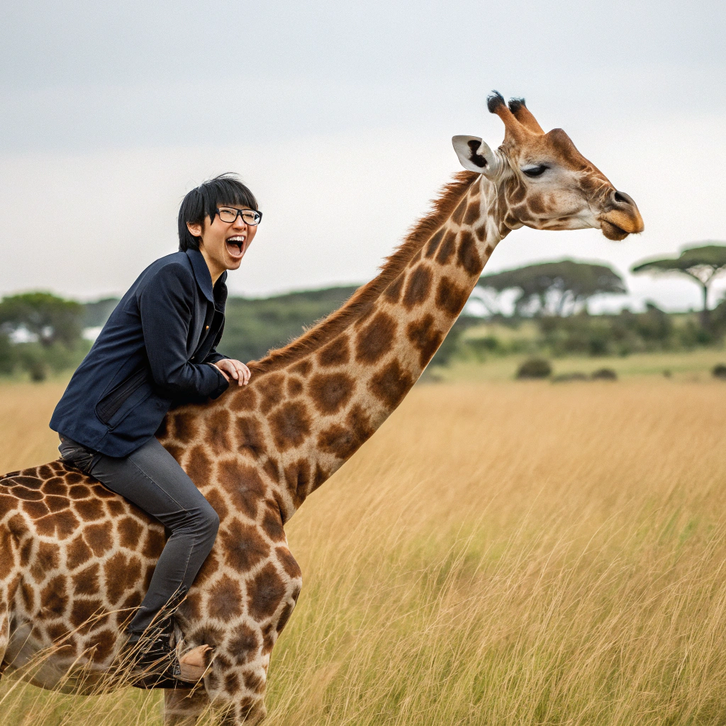 AI generated image by Red Panda AI: ein mensch mit brille, schwarzen Haaren und blauen augen. Er sitzt auf einer Giraffe.