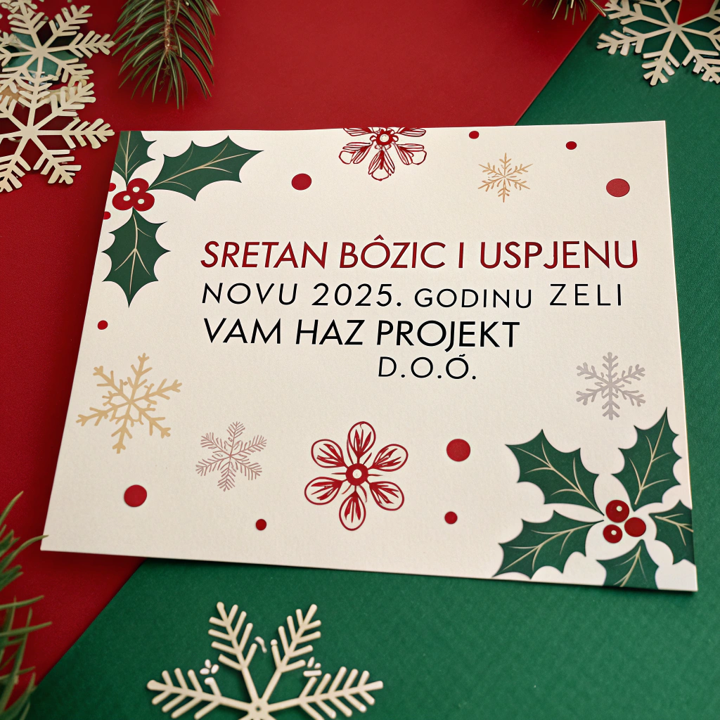 AI generated image by Red Panda AI: Generate an image of a Christmas greeting card with the text:: "Sretan Božić i uspješnu novu 2025. godinu želi Vam Haz projekt d.o.o."