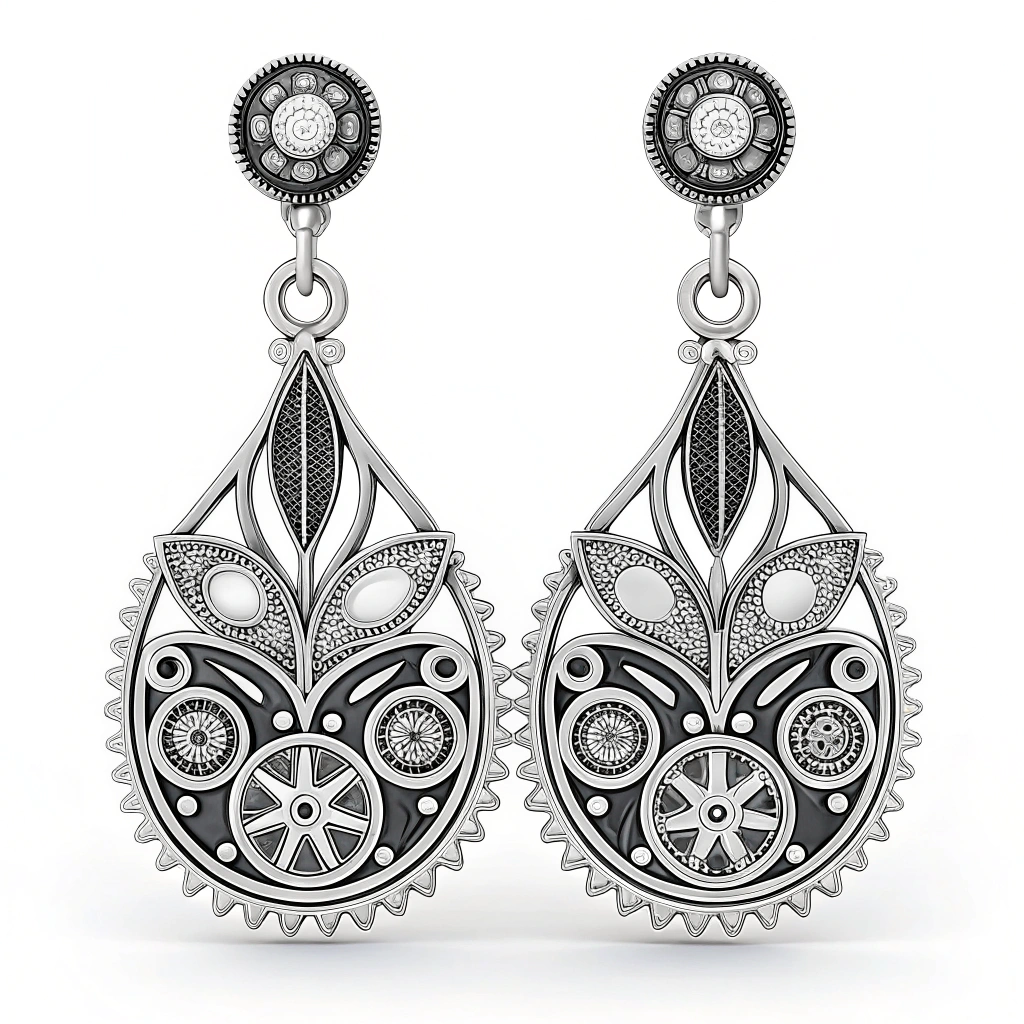 AI generated image by Red Panda AI: silver white and black in Tessellation acid earrings with animals flowers inspire and pipes, Xenomorphs, feature a unique design, creating a visually striking and ine tricate piece of jewelry. motorhead, atypic design, voronoi, highly detailed etching, cover art, cyberpunk, dieselpunk, aliens, Deus ex machina, pneumatic engraving with stones