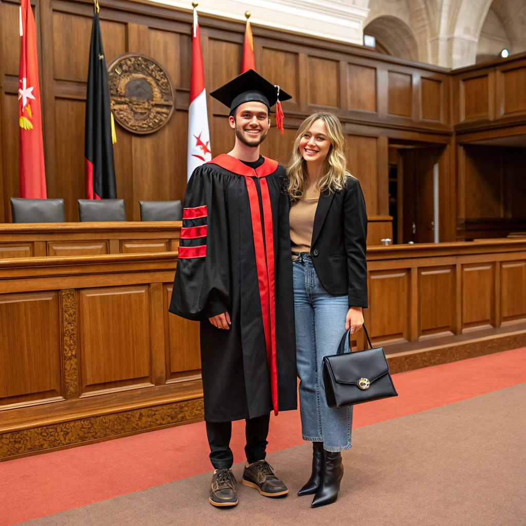 AI generated image by Red Panda AI: A graduation scene set in a university environment. In the foreground, there are two people: a young man dressed in an official black academic gown with red accents, wearing a graduation cap (square cap with a tassel), standing proudly with a smile. Next to him stands a young woman with light, slightly wavy hair, partially tied back, dressed in a stylish and modern black blazer and light jeans paired with sturdy-style boots. She carries a small elegant black handbag with a metal chain strap over her shoulder. Both appear happy and confident. Behind them is an official backdrop with wooden paneling, university symbols, national flags, and a logo signifying the academic occasion. The atmosphere is warm and celebratory, highlighting the importance of the moment.