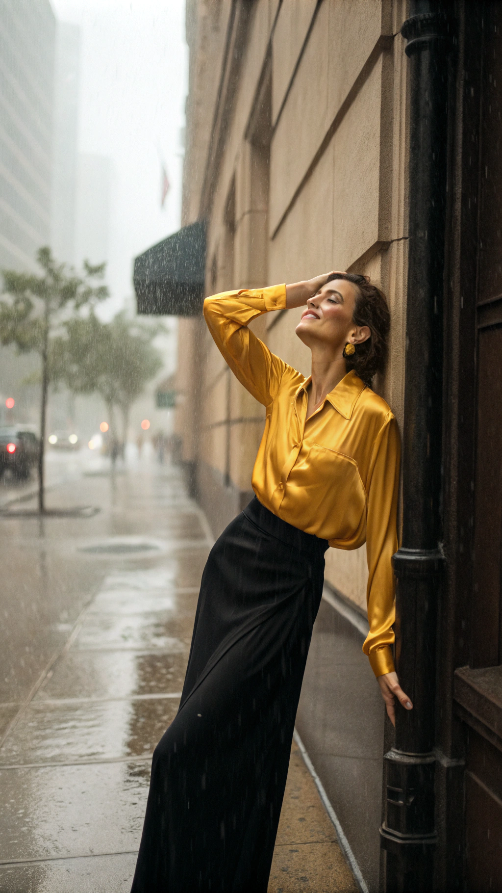 AI generated image by Red Panda AI: woman, in a satin silk yellow shirt worn over a long black skirt, stands against the backdrop of the sidewalk in the rain, her clothes are completely soaked.she has a satisfied expression on her face
