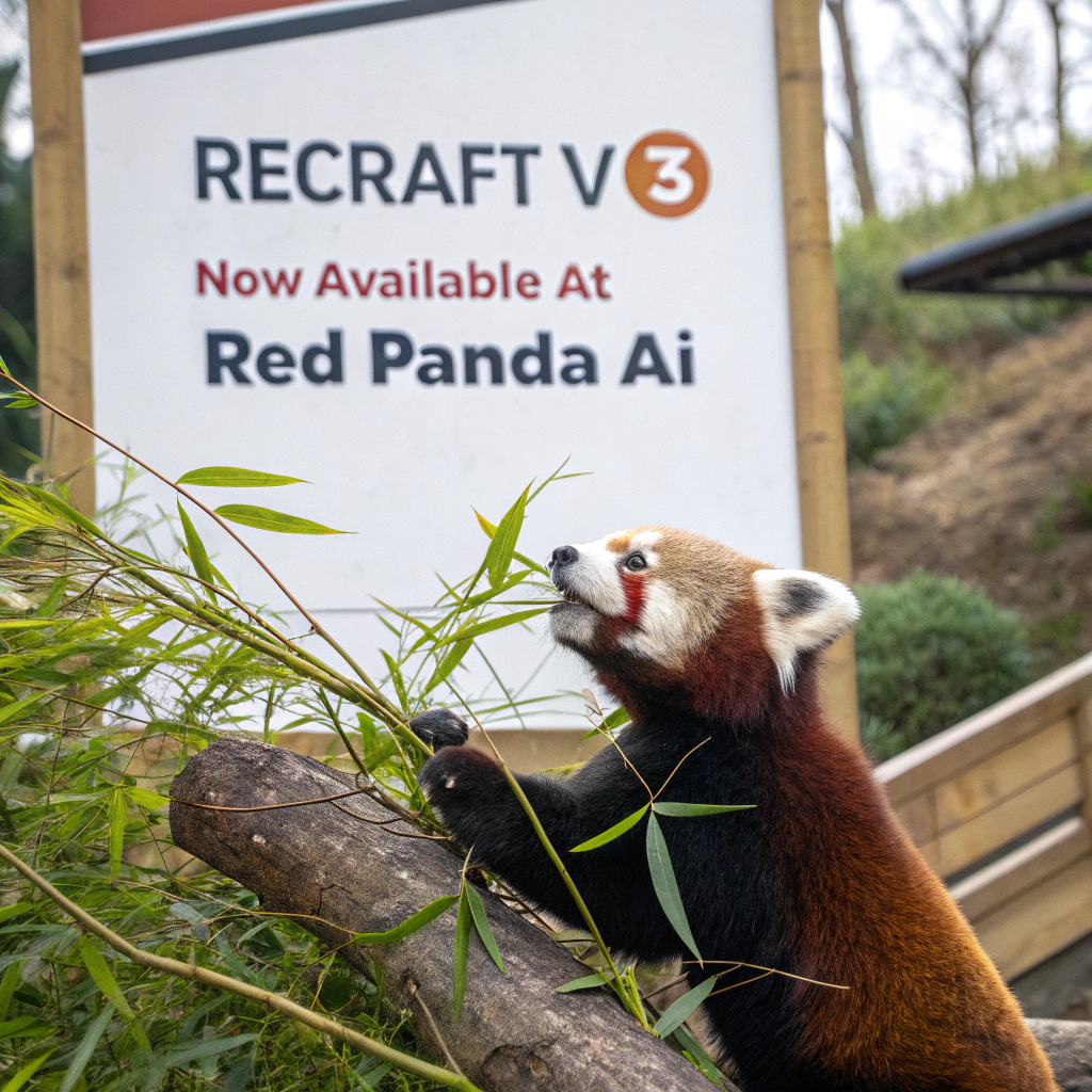 AI generated image by Red Panda AI: a red panda eating a bamboo in front of a poster that says "recraft V3 now available at red panda ai