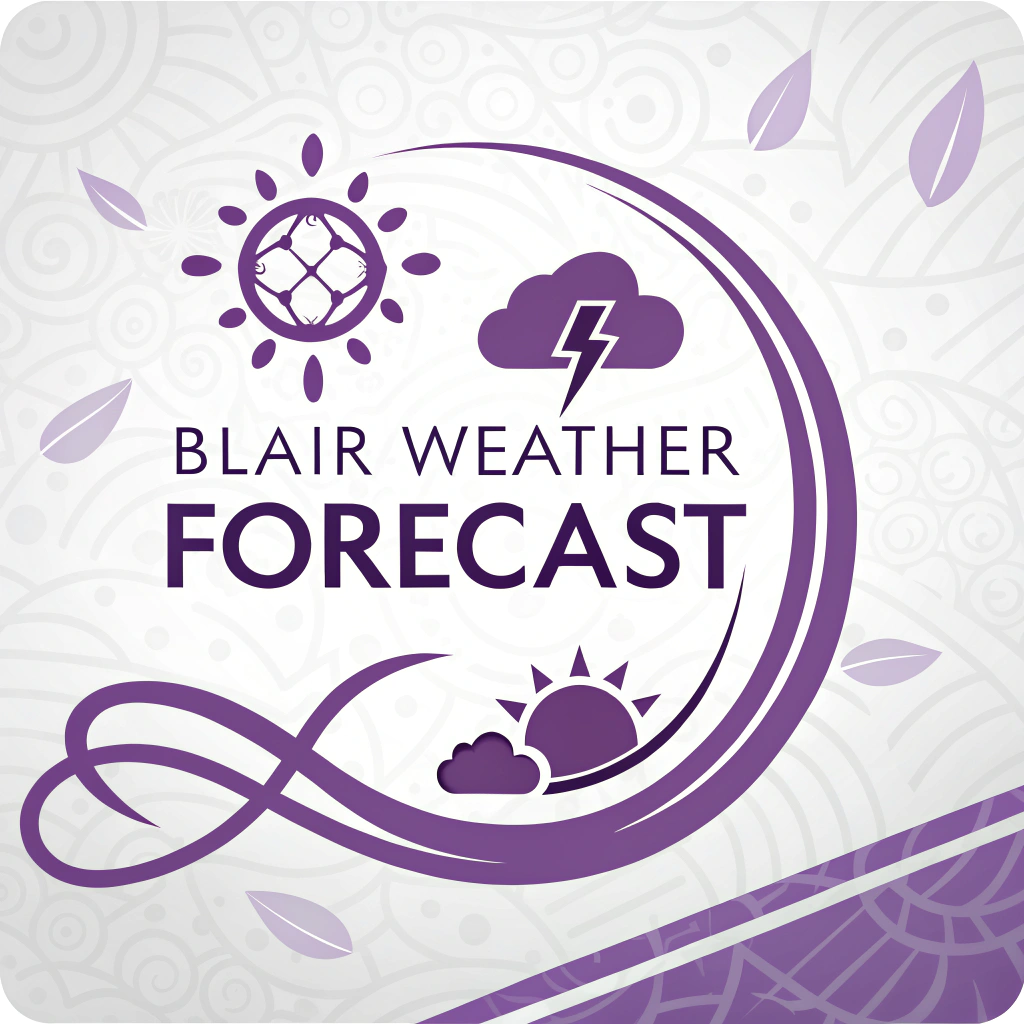 AI generated image by Red Panda AI: "Blair Weather Forecast" icon or logo, on white background, purple motif
