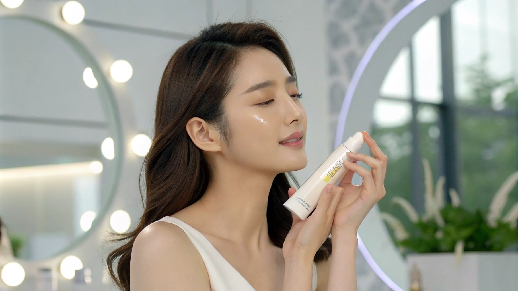 AI generated image by Red Panda AI: A scene from a Sunstick commercial video, a pretty Korean female model applying the Sunstick to her face, a Korean female model