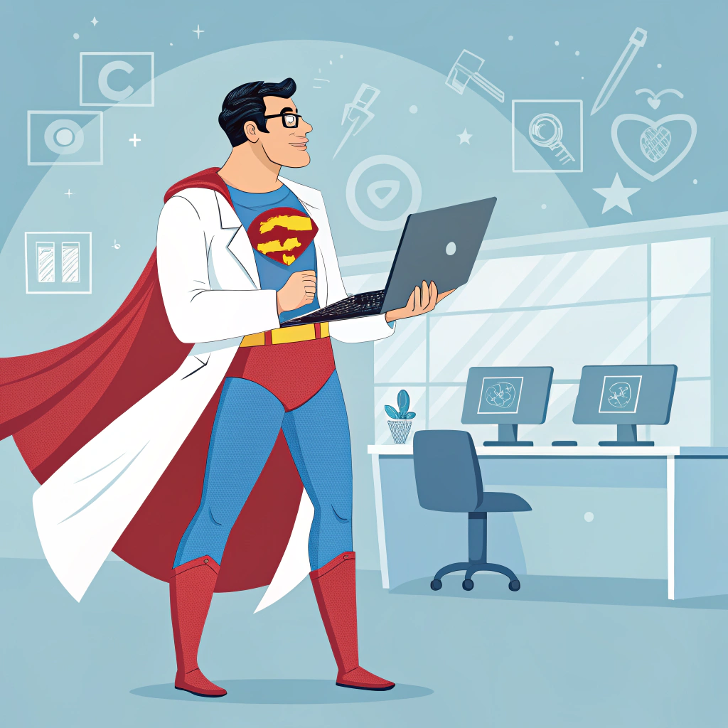 AI generated image by Red Panda AI: immagine di un OSPO (open source program office) rappresentato come superman. In pratica vorrei superman nerd e open source