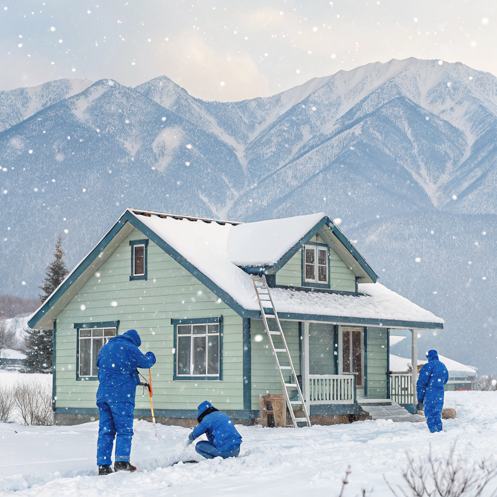 AI generated image by Red Panda AI: People painting a house while snow falls and snowy mountains in the background with blue uniforms