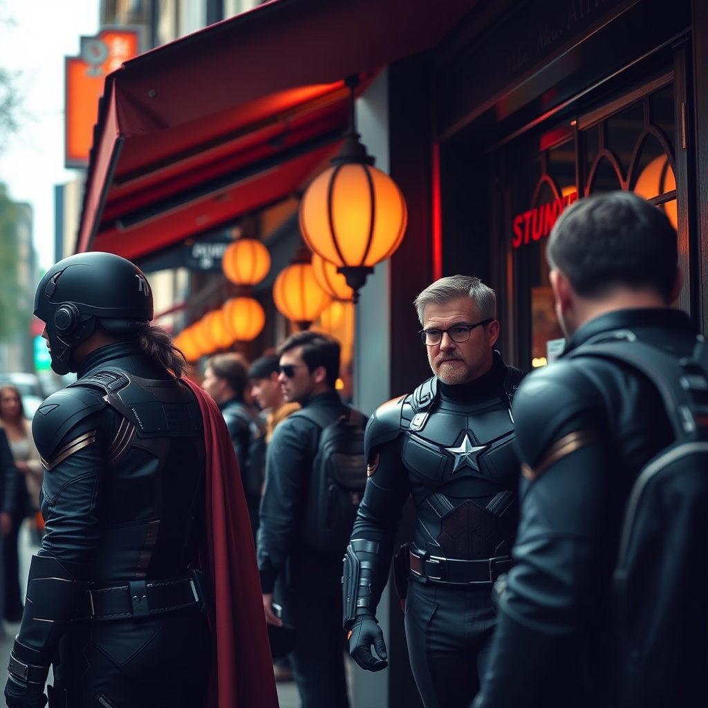 AI generated image by FLUX.1-schnell: Avenger crew wiating in a queue to enter a restaurant
