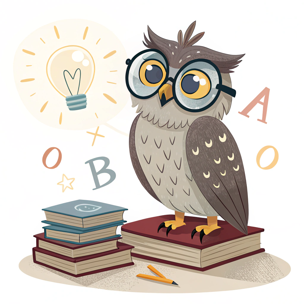 AI generated image by Red Panda AI: "An intelligent and wise owl with large, bright eyes that convey knowledge and wisdom. The owl wears glasses symbolizing focus and concentration, and has a special feather that glows like a spark of light, representing growing and reinforced knowledge. It is perched on a stack of books with a warm light around it, as if in a library. In the background, there are letters or symbols that evoke learning and education, all with a modern and professional style. The atmosphere conveys a sense of authority but also of welcoming and motivation. Artistic style: clean, professional digital illustration with vivid colors and a minimalist touch."