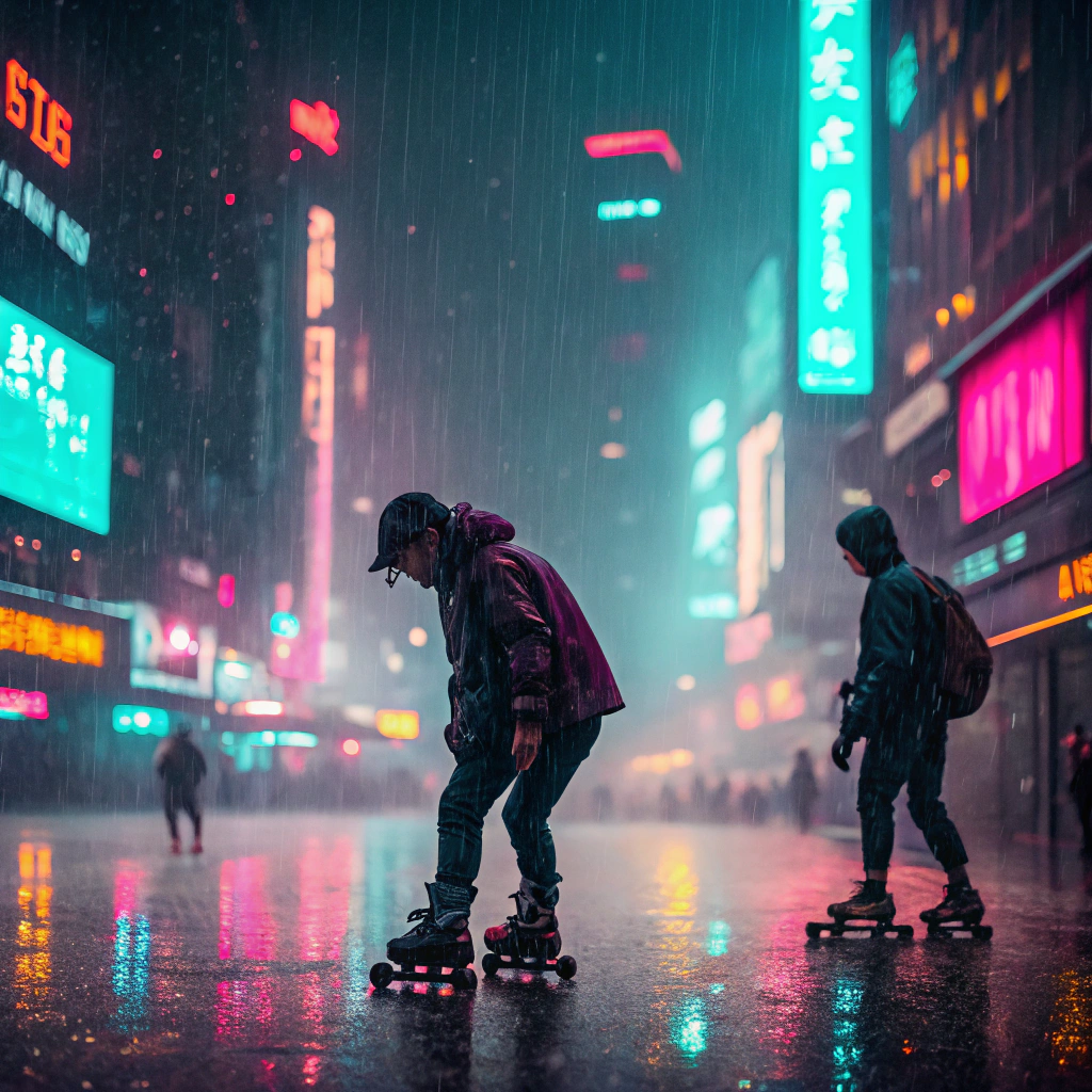 AI generated image by Red Panda AI: Póster de skaters abandandonado, muchas luces de neon, mientras llovía, 
