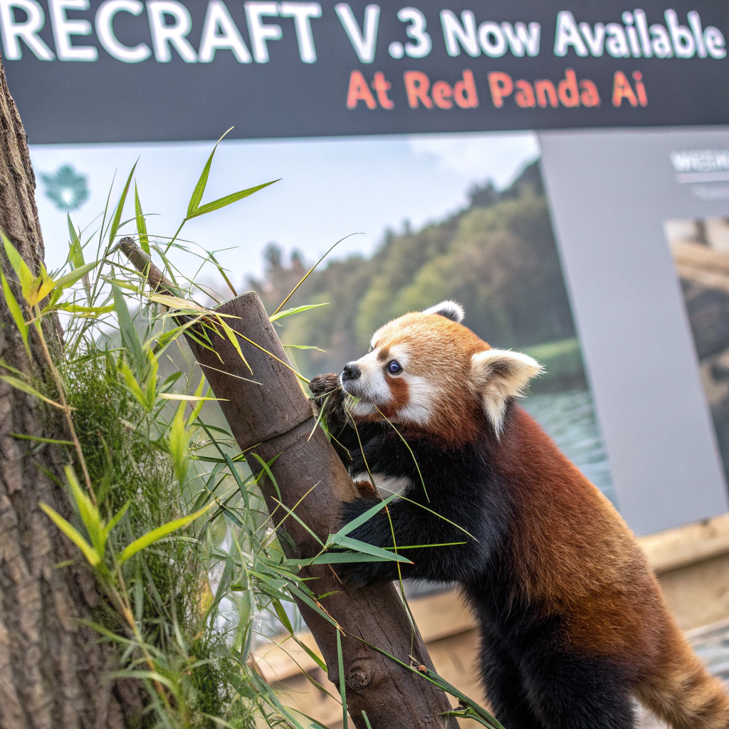 AI generated image by Red Panda AI: a red panda eating a bamboo in front of a poster that says "recraft V3 now available at red panda ai