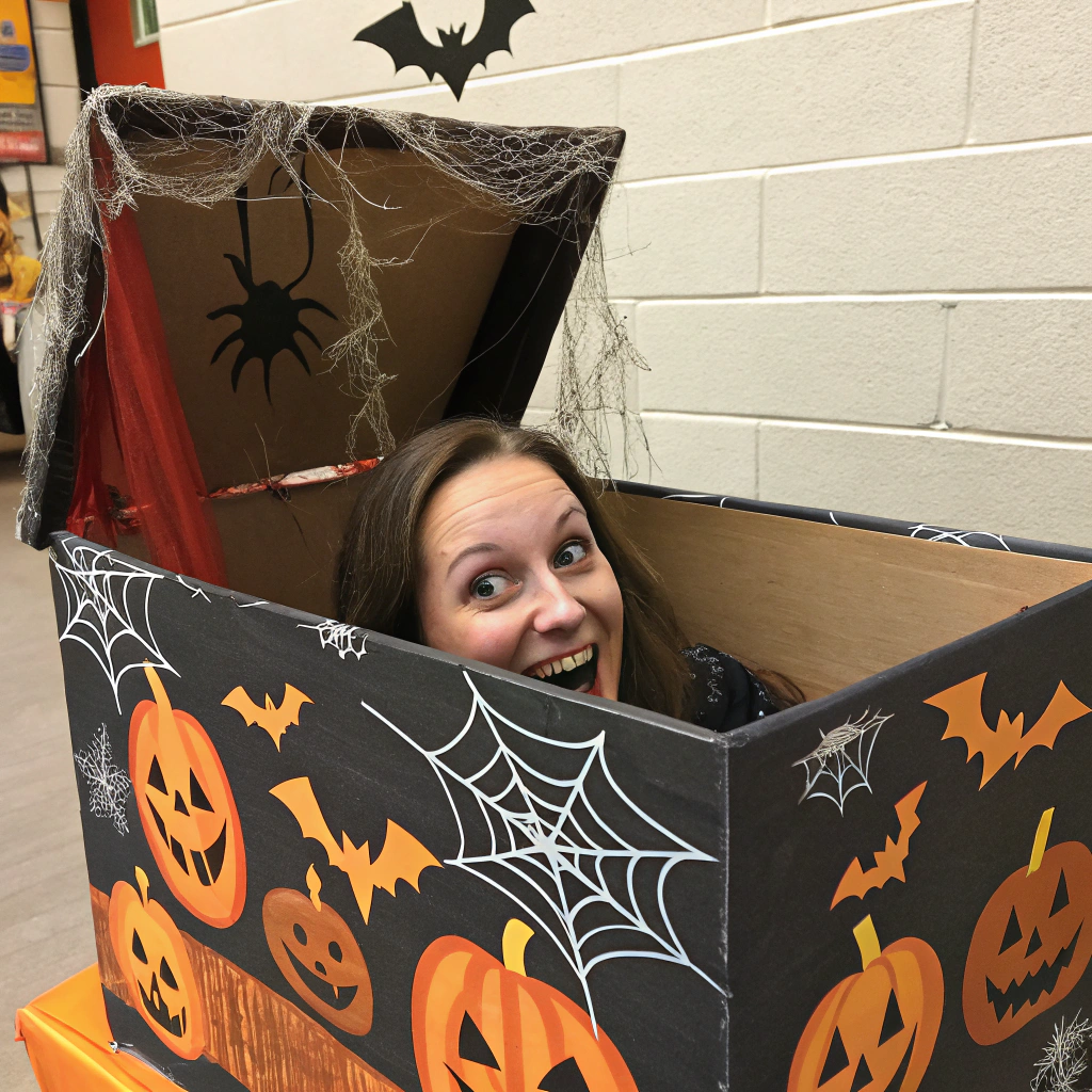 AI generated image by FLUX.1-schnell: Woman head in a box, Halloween themed.