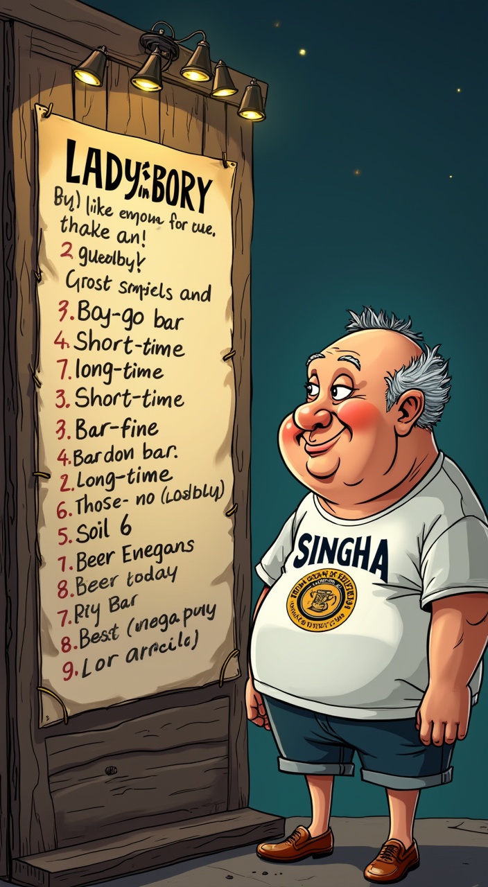 AI generated image by FLUX.1-pro: A sarcastic and funny illustration of a glossary of terms related to Thailand nightlife. There is a list of terms with their definitions. The terms are: ladyboy, go-go bar, Short-time, long-time, bar fine, soil 6, beer bar. There is a cartoon character old fat European guy with bold head, wearing a Singha t-shirt, looking at the list with a big smile.