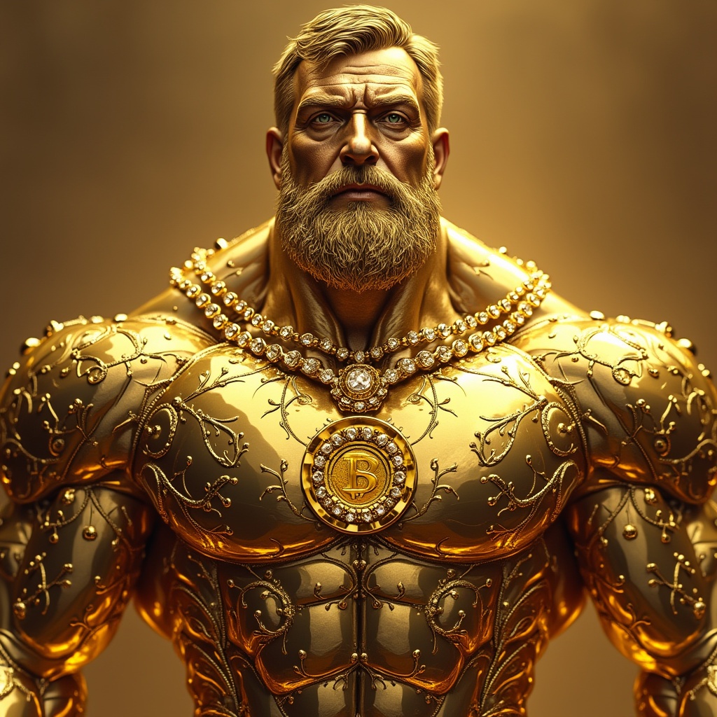 AI generated image by FLUX.1-pro: "Imagina a Bitcoin como un ser humano, con una gran musculatura, representando la fuerza y el poder de la criptomoneda. Este humano tiene una piel dorada metálica, similar al oro, y está cubierto de joyas brillantes de oro y diamantes. Sus músculos son enormes y bien definidos, mostrando su robustez y solidez. El rostro tiene una expresión confiada y poderosa, con detalles que resalten su carácter invencible. El fondo es minimalista, para que Bitcoin, en forma humana, sea el centro de atención, rodeado de un aura de riqueza y poder. El estilo debe ser realista, con detalles vibrantes de las joyas y el brillo metálico de su cuerpo."