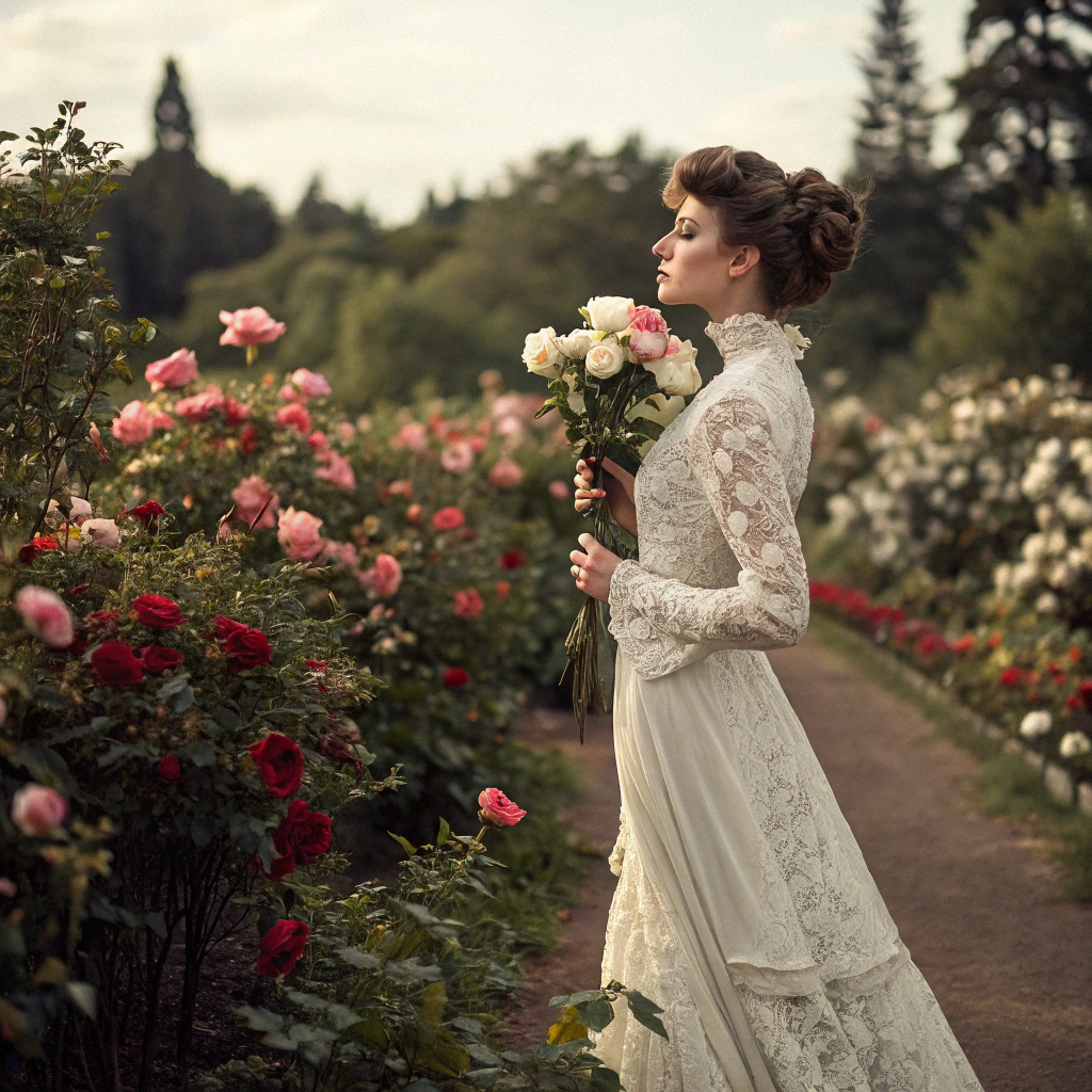 AI generated image by Red Panda AI: An elegant Victorian woman in a white lace dress, posing in a rose garden, classical oil painting style.