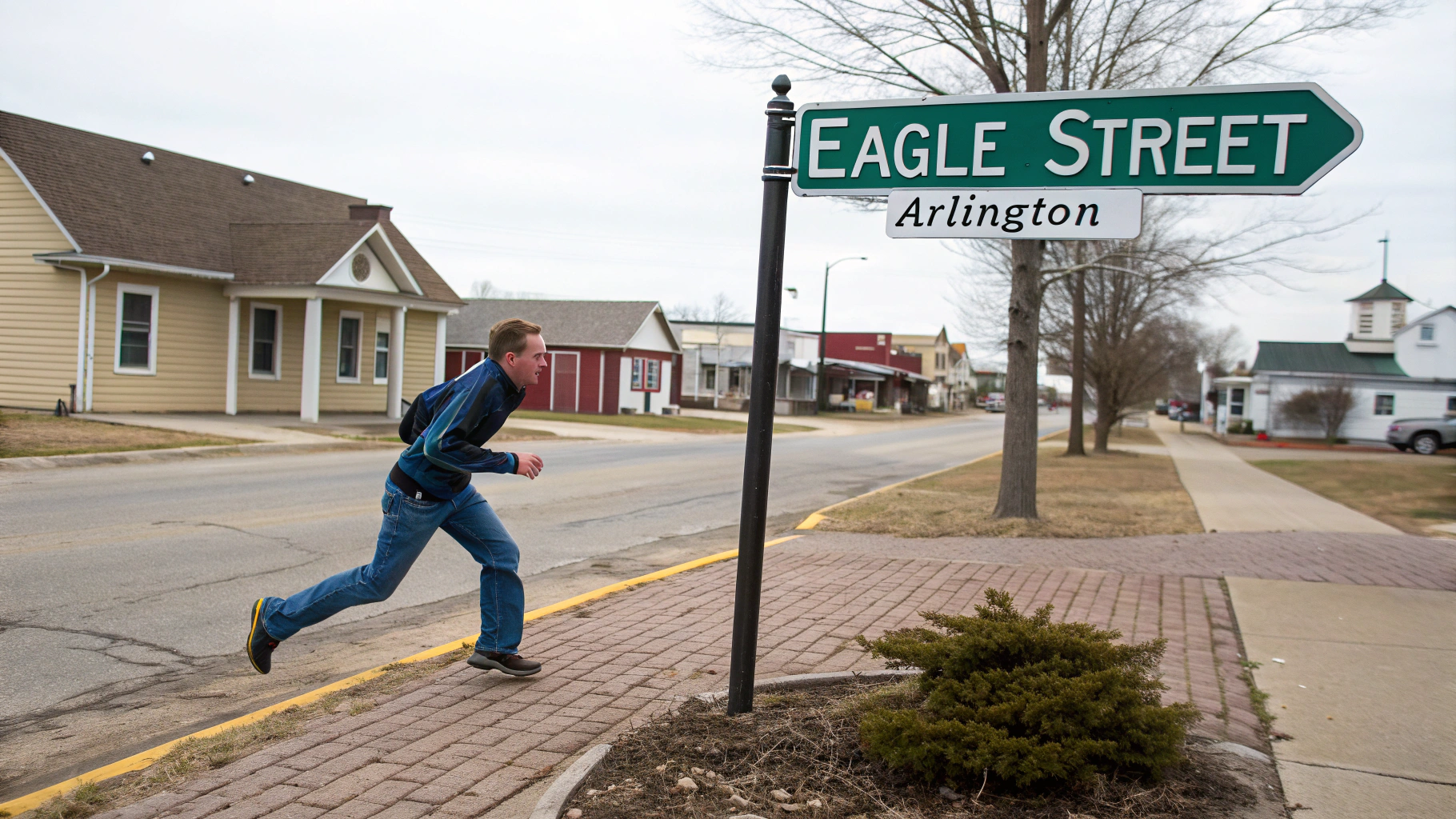 AI generated image by Red Panda AI: a guy wearing blue jeans, he is running next to a street sign that says "Eagle Street".  The town is Arlington, Nebraska and maybe there is sign somewhere that says "Arlington", cartoon style