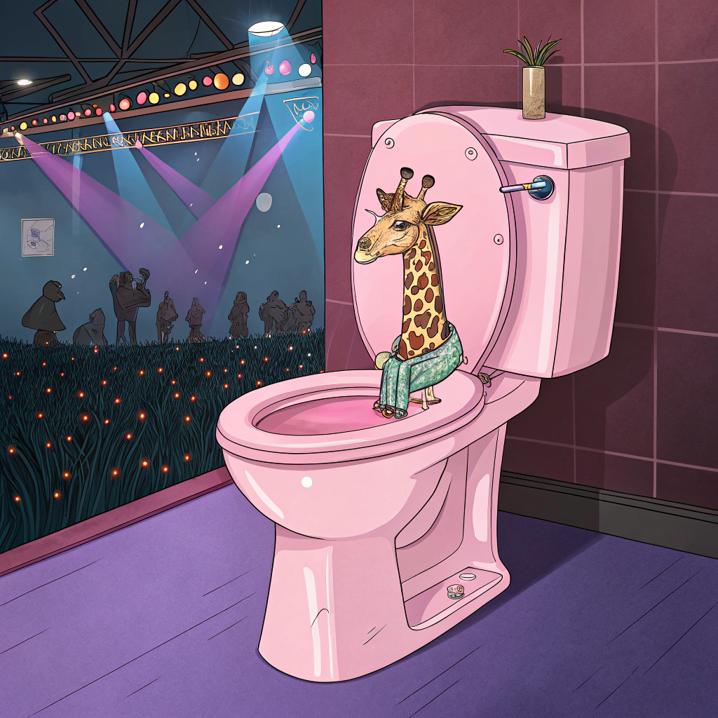 AI generated image by Red Panda AI: Haz un skidibi toilet rosa con una jirafa en el bolsillo y que tenga una bufanda y que este en un puticlub