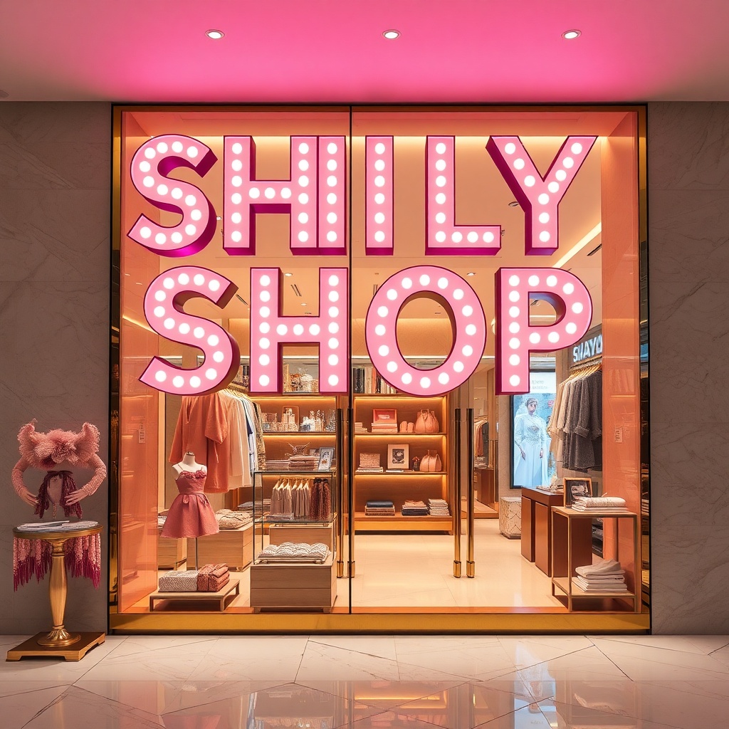 AI generated image by FLUX.1-schnell: extrud text color pink in bilboard in luxury shop dress: shily shop