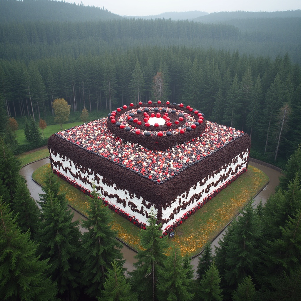 AI generated image by FLUX.1-pro: The world's largest black forest cake, the size of a building, surrounded by trees of the black forest