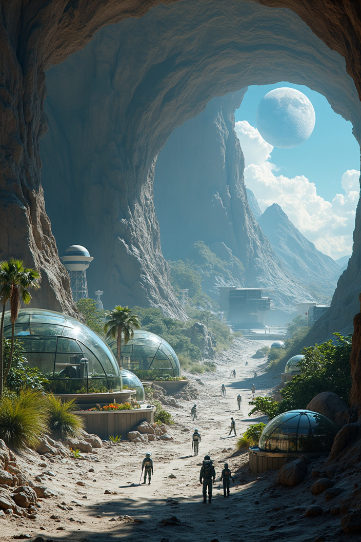 AI generated image by FLUX.1-pro: A sprawling lunar colony spread across both the surface and deep underground, bustling with advanced technology, robots, and human life. On the lunar surface, clusters of 3D-printed habitats made from lunar regolith form domes and cylindrical structures, offering protection against cosmic radiation. Solar panels stretch far across the landscape, collecting energy from the Sun. Transparent agricultural domes house lush greenhouses, where scientists tend to genetically modified crops grown in hydroponic and aeroponic systems. Nearby, robotic arms carefully monitor and adjust nutrient levels for the plants.

Electric rovers traverse the gray, rocky landscape, transporting astronauts and supplies between research stations and living quarters. In the distance, humanoid robots are constructing new habitat units using 3D printers, while others perform routine maintenance on solar arrays. A lunar water mining facility operates at the pole, extracting ice from the craters and processing it into drinkable water, hydrogen fuel, and oxygen. Close by, AI-powered drones scan the surface, monitoring for meteor impacts or system malfunctions.

Humans in high-tech, lightweight spacesuits are engaged in various activities: some are repairing communication arrays on the lunar surface, others are exploring the terrain in small, two-person rover vehicles, while groups of scientists examine the lunar soil for rare minerals. A towering observatory rises from the surface, with large telescopes pointed at the stars, operated by a mix of astronomers and AI assistants, capturing stunning images of deep space.

Underground, within expansive lava tubes, large pressurized living quarters offer comfortable habitats for the colonists. Soft, blue lights illuminate underground tunnels, where humans and robots coexist. Research labs hum with activity, as scientists conduct experiments on lunar samples and engineers work alongside robotic arms, designing new technologies. In the medical bay, 3D printers are used to create medical supplies, while a robotic surgeon assists with a patient. Water recycling systems run quietly in the background, ensuring efficient resource management.

In the centrifugal habitat, a large spinning section simulates Earth-like gravity, where astronauts exercise to combat the effects of low gravity. In recreational areas, people play low-gravity sports, while others relax in virtual reality lounges, attending holographic concerts or participating in immersive VR activities. In a cultural center, colonists observe lunar art installations, and in another section, families gather in communal spaces for meals, illuminated by soft, ambient lighting.

Throughout the scene, various types of robots—small maintenance bots, humanoid assistants, and heavy-duty construction machines—move with precision, performing tasks autonomously or under human supervision. A network of AI systems coordinates their activities, ensuring smooth operation of the entire colony.

In the background, the Earth hangs in the sky, visible through a transparent dome, as the last rays of the setting Sun cast long shadows across the lunar landscape. The stars twinkle brightly in the vast blackness of space, framing the colony’s vibrant, technological heart against the harsh, desolate beauty of the Moon.