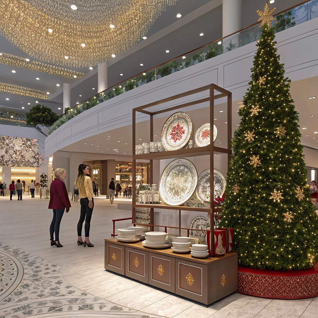 AI generated image by Red Panda AI: design a christmas themed event at a concours of a shopping mall, it has a display of racks that showcasing beautiful plates and bowls