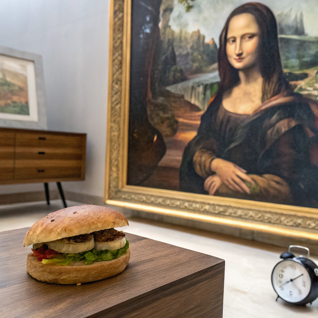 AI generated image by Red Panda AI: Le fond de l'image est le tableau "The Persistance of Memory" de Dali. En premier plan sur la partie droite de l'image se trouve la Mona Lisa de Léonard de Vinci. Ses mains sont cachées par un sandwich façon kebab. Une montre de Dali (sans bracelet) est présente sur la partie basse droite de l'image, sur un meuble anguleux marron sans tiroir ni pied. Le haut de la montre est posé sur le meuble, le bas de la montre apparaît comme en train de fondre sur l'avant du meuble.Au bout de ce meuble, au niveau du milieu gauche de l'image, un Lapin Crétin se tient debout, la bouche ouverte avec deux dent, la main droite levée, la main gauche désignant la Mona Lisa. Ses pieds sont cachés par le meuble marron. Juste au dessus du Lapin Crétin, il y a une branche d'arbre sans feuille, très fine, faisant partie du tableau de Dali. Au bout de cette branche pend de chaque côté une montre à gousset fine et ayant l'air d'être fondue.