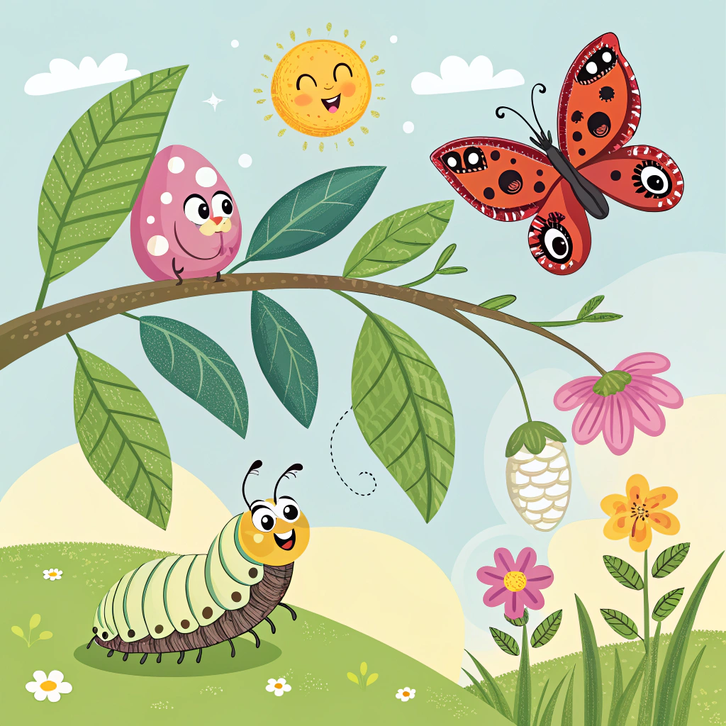 AI generated image by Red Panda AI: generate a picture for the life cycle of butterfly in the cartoon style