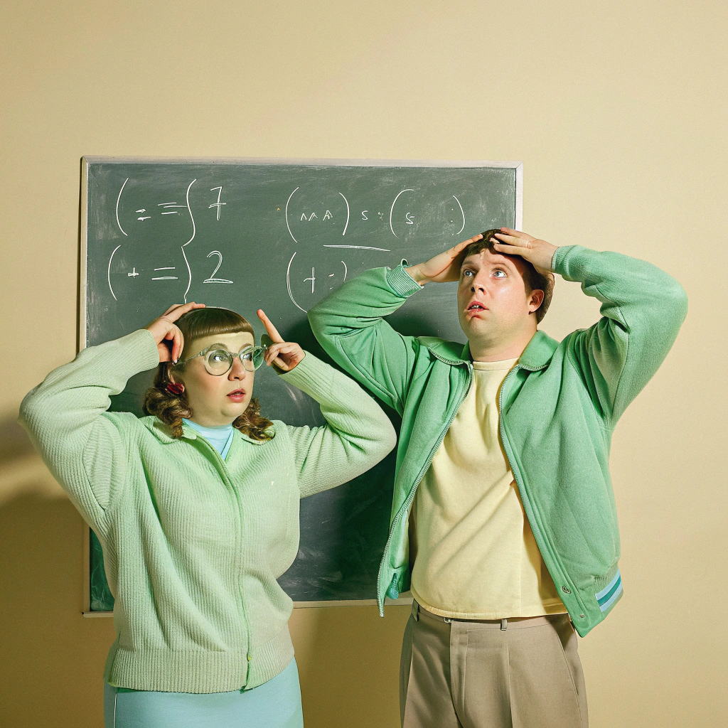 AI generated image by Red Panda AI: woman and man doing bad math calculations on a blackboard.