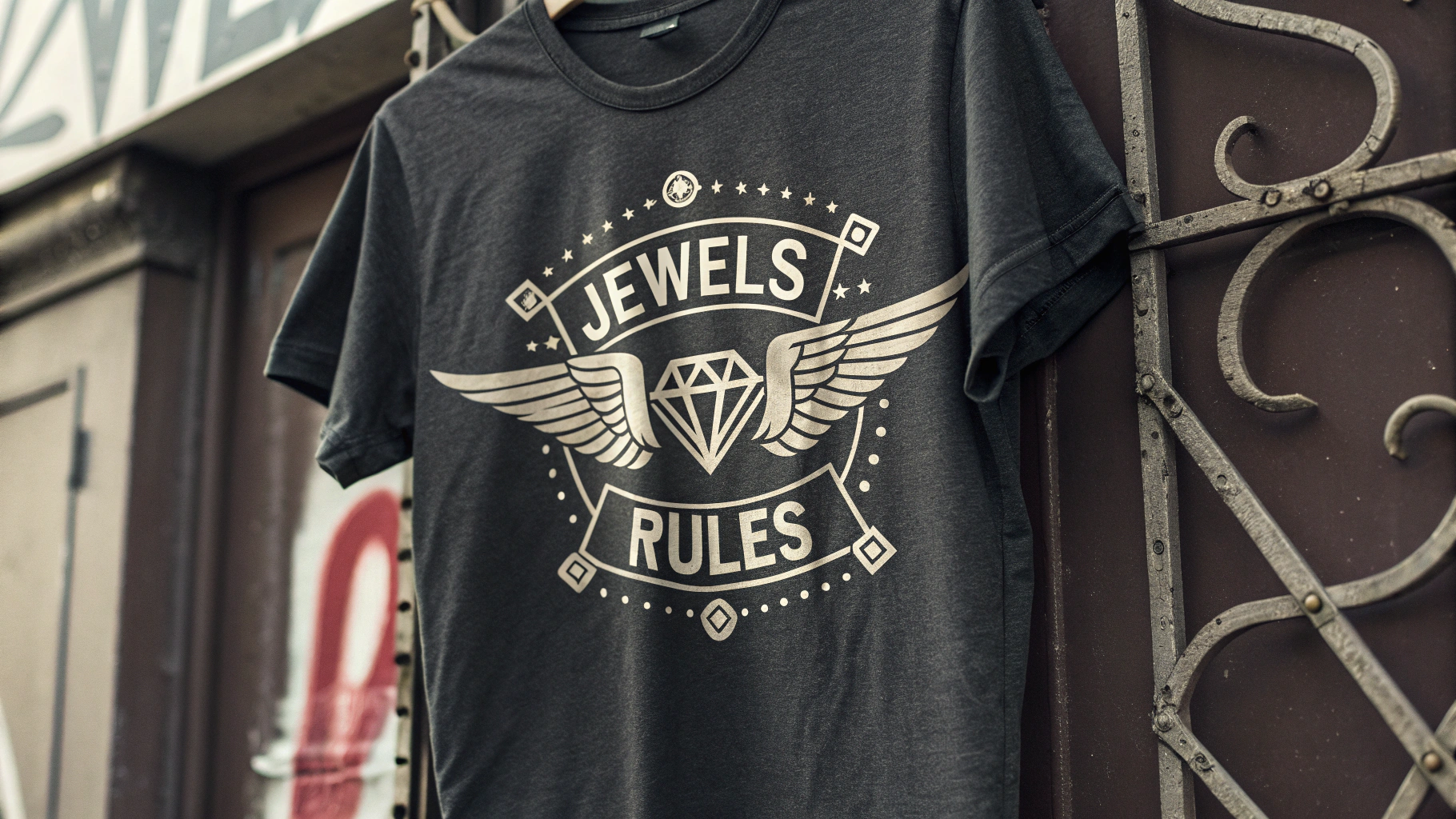 AI generated image by Red Panda AI: Band logo for the band, "Jewels Rules" on a shirt, Americana, blues, authentic, wood and leather, rock and roll, rockabilly, simple, monochrome, 
