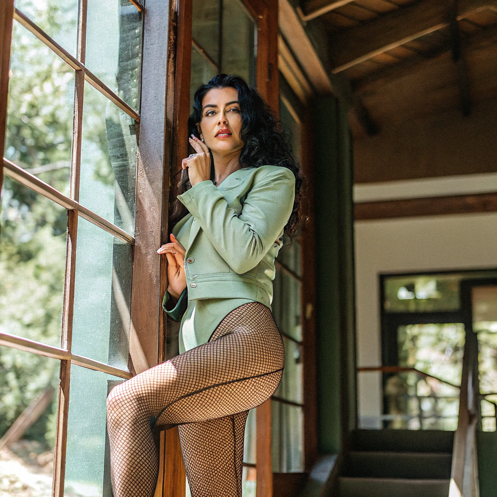 AI generated image by Red Panda AI: Surrealism by Fasfato, capturing the essence of Pino Daeni's art, full body portrait of a woman in pantyhose, perfect face engaging with viewer, hands delicately posed, chiaroscuro lighting enhancing her anatomical perfection, raw emotion, confident stance, sensual fashion, 