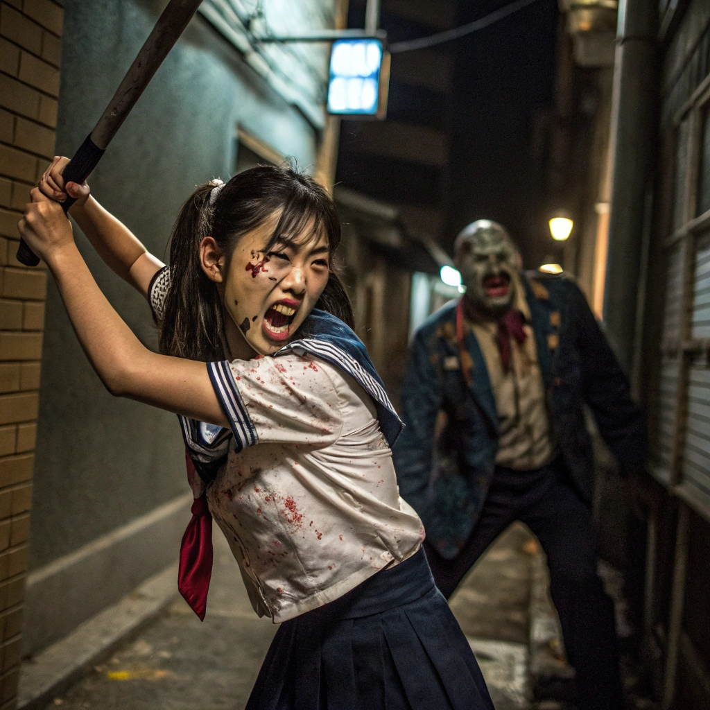 AI generated image by FLUX.1-schnell: asian schoolgirl, ripped blouse, fighting zombie yakuza