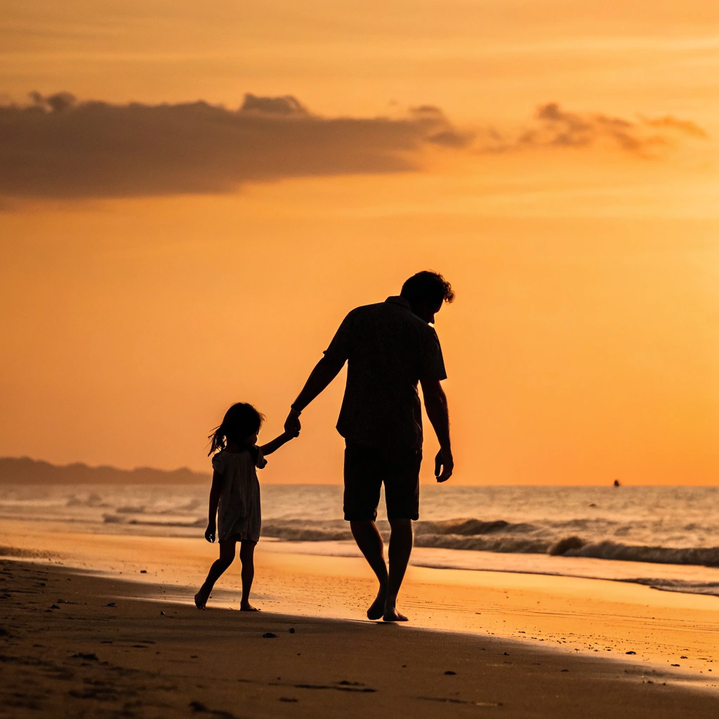 AI generated image by Red Panda AI: silueta de un padre dando la mano a su hija, en una playa y de fondo el sol en atardecer