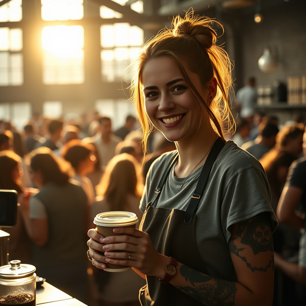 AI generated image by FLUX.1-schnell: Anna Shaffer from the show the witcher working as a barista at a crowded coffee urban coffee shop, she's smiling, punk barista, she's serving you coffee in a to go cup with a lid, wearing a tshirt, tattoos, female employee, sunrise coming in through the windows, crowds of people, warehouse architecture, luminescent,  realistic skin, realistic photo, beautiful, gorgeous,  stunning, breathtaking, attractive, exquisite, alluring, mesmerizing, ravishing, splendid, magnificent, graceful, dazzling, striking, enchanting, radiant, resplendent, bewitching, glamorous, 
delightful, enthralling, fascinating, winsome, picture-perfect, captivating, irresistible, confident, Ultra high definition, picture, photograph, ultra realistic, Analog photography, high quality, Fujifilm, 105mm professional photography, dslr, high quality film, Fujifilm xt3, film still, highly detailed, 8K, cinematic lighting, hd, high resolution, intricate detail, digital painting, sharp focus, trending on artstation,  
