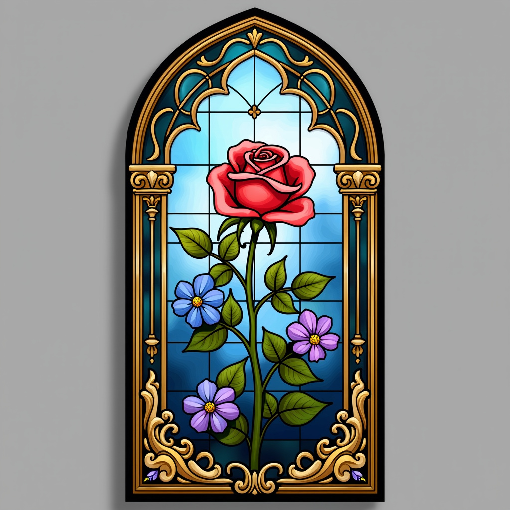 AI generated image by FLUX.1-pro: A beautifully crafted stained glass window. It features a central rose in full bloom, surrounded by smaller flowers like blue and purple blossoms. The background consists of a gradient of colors, transitioning from a deep blue at the top to a lighter hue at the bottom. The window is framed by ornate gold patterns and decorative elements, adding to its elegance.