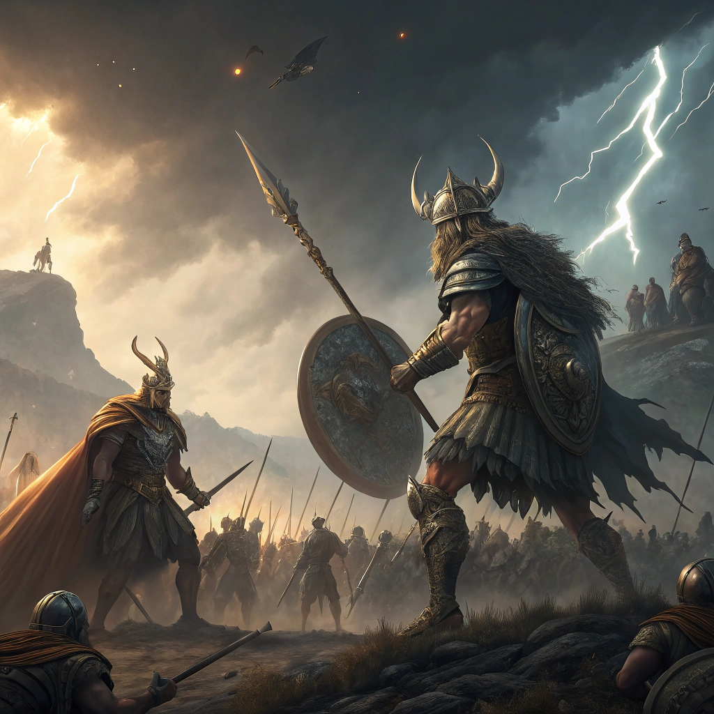 AI generated image by Red Panda AI: Dalam dunia yang dipenuhi oleh dewa-dewa yang saling bersaing, perang besar sedang berkecamuk. Setiap dewa memimpin pasukannya yang terdiri dari makhluk mitologi dan manusia yang telah diberkahi dengan kekuatan ilahi. Ketika takdir dunia digantungkan pada hasil pertempuran ini, salah satu dewa yang sebelumnya dikenal sebagai pelindung kedamaian terpaksa bergabung dengan pasukan musuh. Apa yang membuat dewa tersebut berubah, dan bagaimana para pahlawan manusia yang dipimpin oleh sang dewa pelindung akan bertarung untuk menyelamatkan dunia mereka
