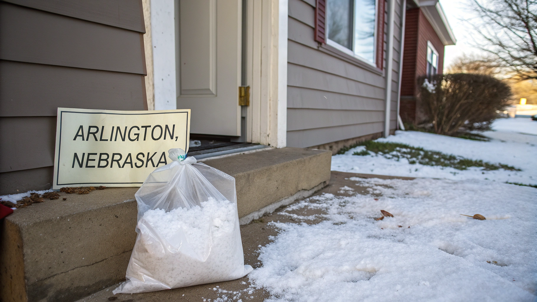 AI generated image by Red Panda AI: clear bag of white powder, the bag is on a doorstep, there is snow on the ground, there is a sign that says "Arlington, Nebraska"