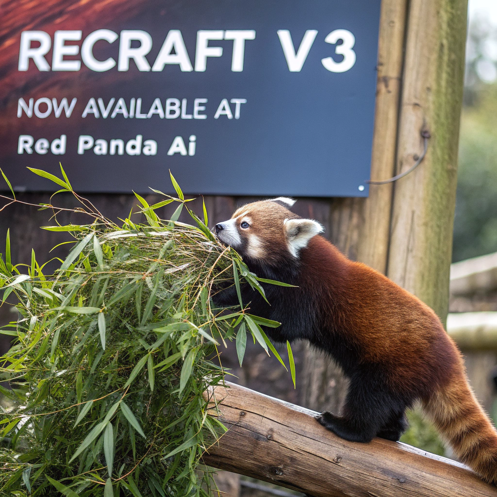 AI generated image by Red Panda AI: a red panda eating a bamboo in front of a poster that says "recraft V3 now available at red panda ai